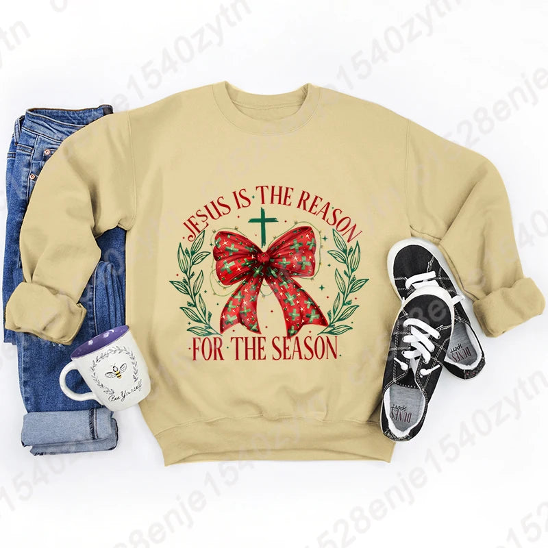 Christmas Bow Jesus Is The Reason For The Season Sweatshirts WOMEN Long-sleeved