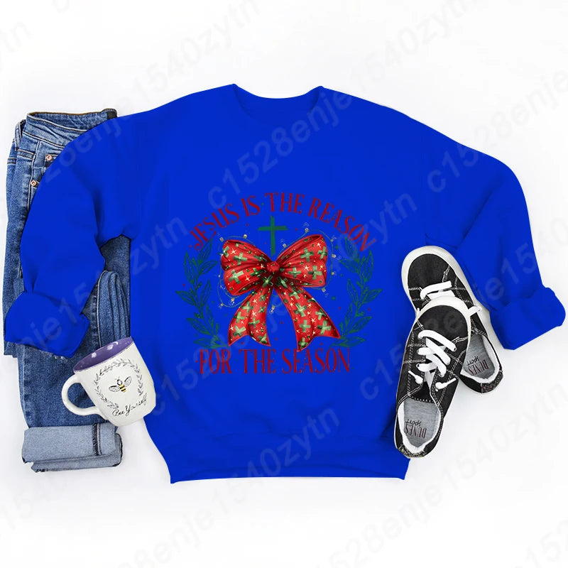 Christmas Bow Jesus Is The Reason For The Season Sweatshirts WOMEN Long-sleeved