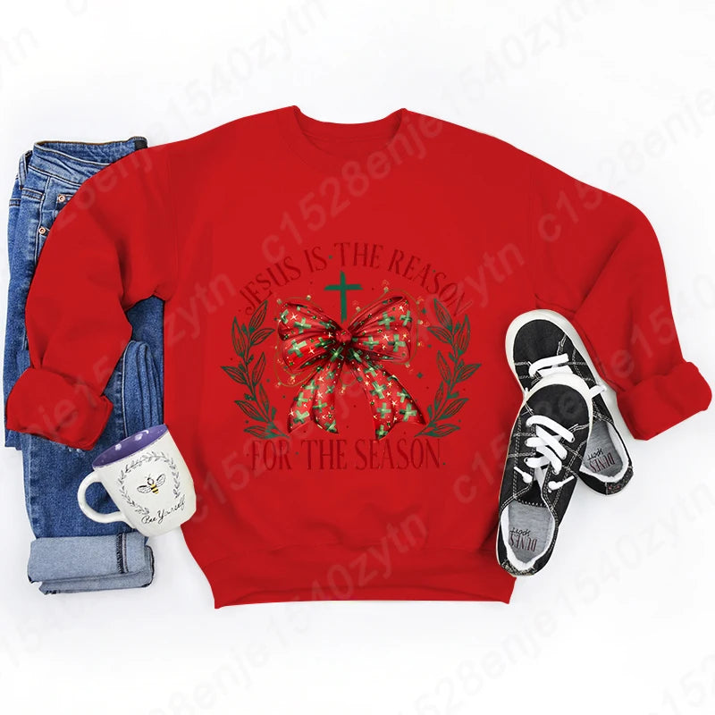 Christmas Bow Jesus Is The Reason For The Season Sweatshirts WOMEN Long-sleeved