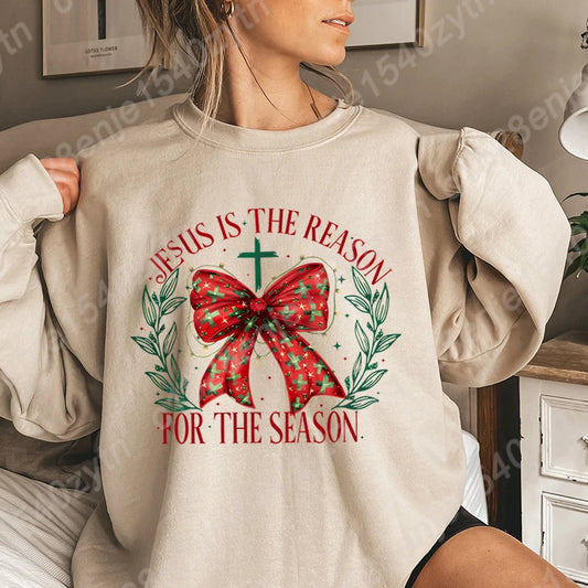 Christmas Bow Jesus Is The Reason For The Season Sweatshirts WOMEN Long-sleeved