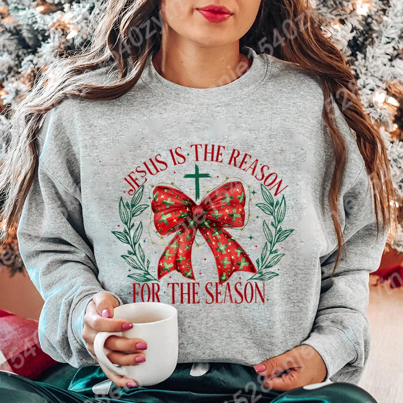 Christmas Bow Jesus Is The Reason For The Season Sweatshirts WOMEN Long-sleeved