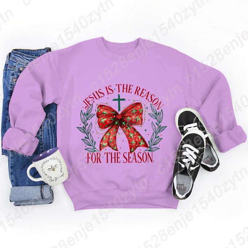 Christmas Bow Jesus Is The Reason For The Season Sweatshirts WOMEN Long-sleeved