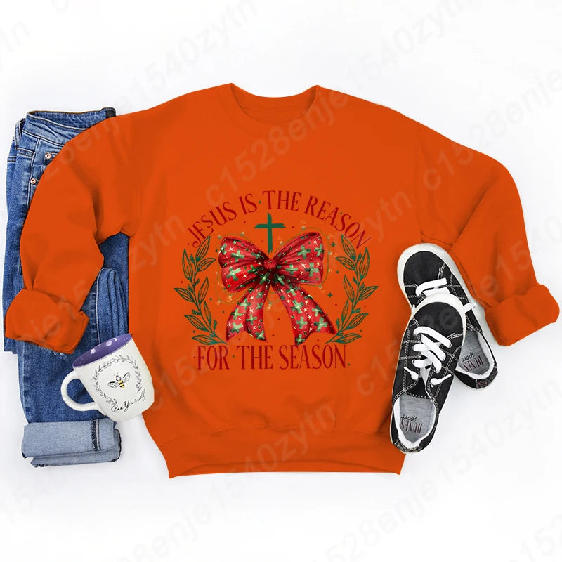 Christmas Bow Jesus Is The Reason For The Season Sweatshirts WOMEN Long-sleeved