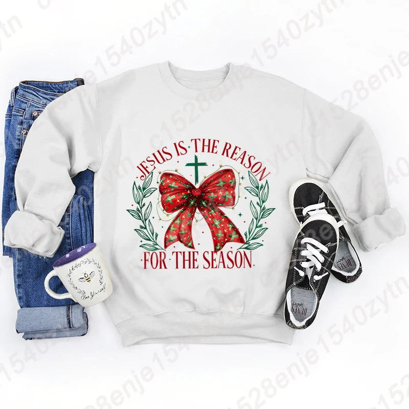 Christmas Bow Jesus Is The Reason For The Season Sweatshirts WOMEN Long-sleeved