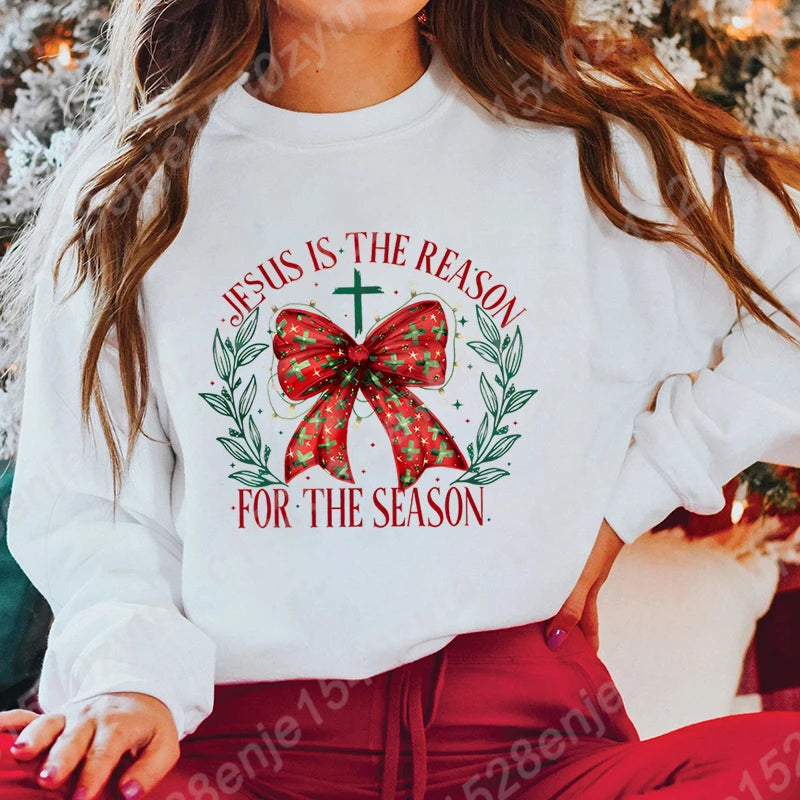 Christmas Bow Jesus Is The Reason For The Season Sweatshirts WOMEN Long-sleeved