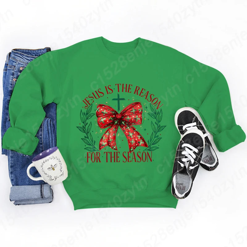 Christmas Bow Jesus Is The Reason For The Season Sweatshirts WOMEN Long-sleeved