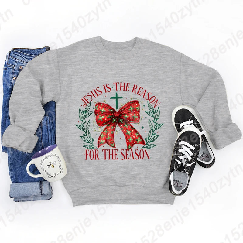 Christmas Bow Jesus Is The Reason For The Season Sweatshirts WOMEN Long-sleeved