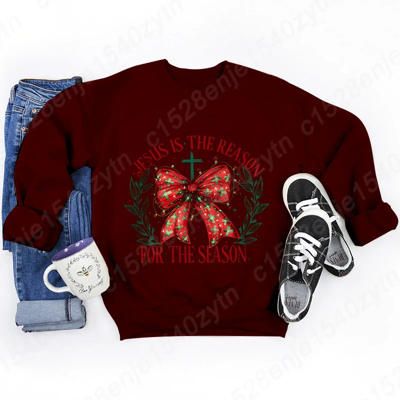 Christmas Bow Jesus Is The Reason For The Season Sweatshirts WOMEN Long-sleeved