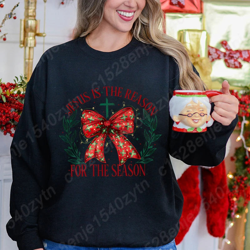 Christmas Bow Jesus Is The Reason For The Season Sweatshirts WOMEN Long-sleeved