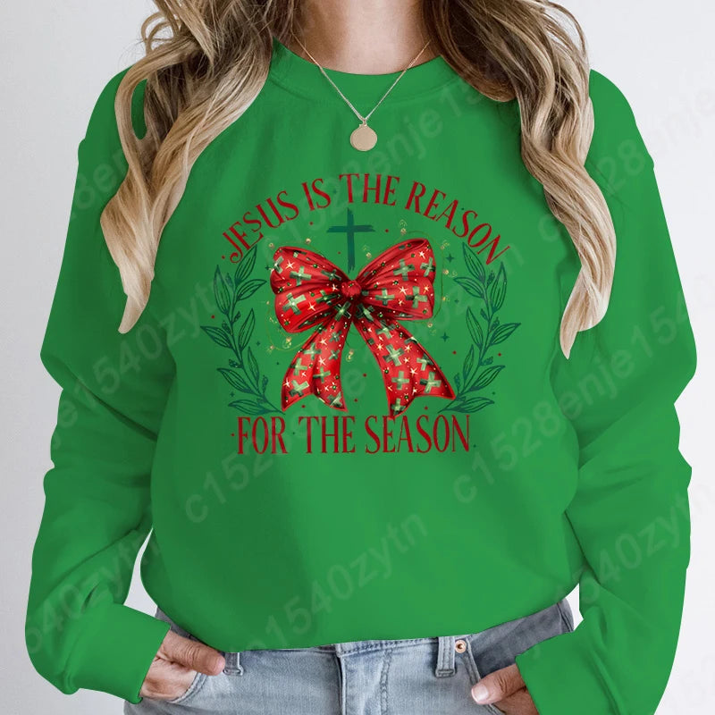 Christmas Bow Jesus Is The Reason For The Season Sweatshirts WOMEN Long-sleeved